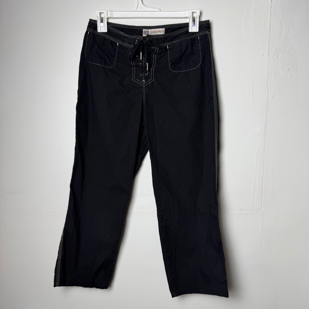 Faded Glory Baggy Cropped Black Lace Up Front Y2K Grunge Cotton Pants Size 4 - Picture 2 of 8